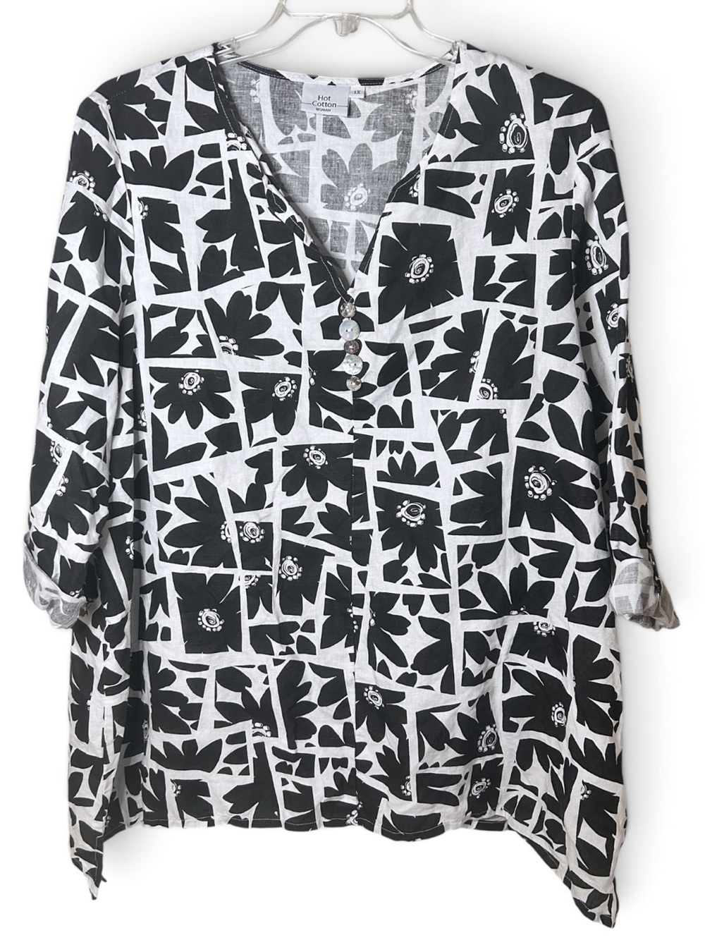 Vintage Hot Cotton Linen Geo Floral Tunic Lagenlook Art Wear USA Black White 1X - Picture 1 of 16